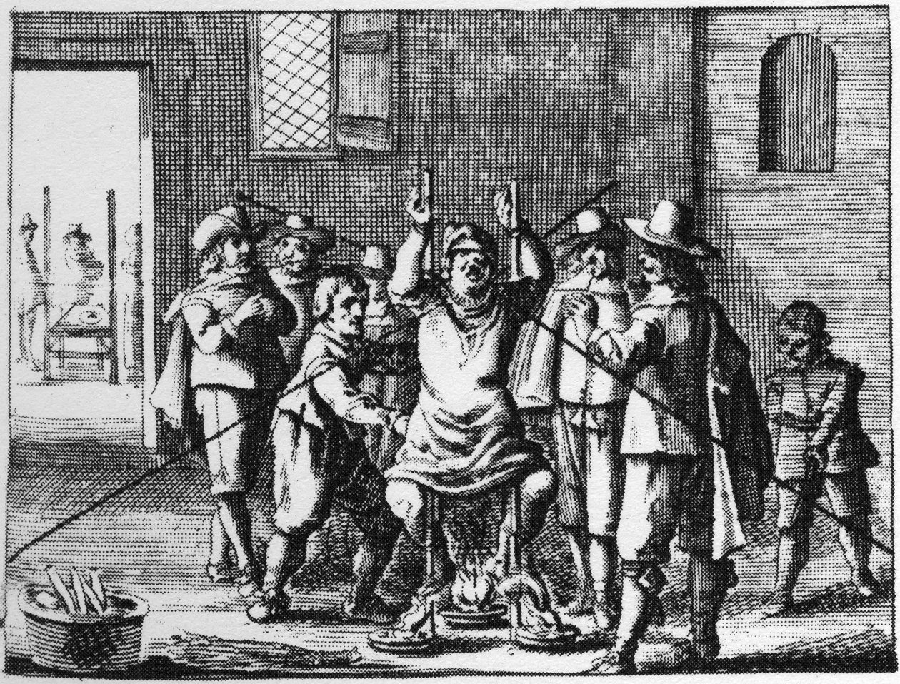 Feiticeiro a quem o colar é torturado - gravura de 1725 em "La Sorcellerie demasquee" (