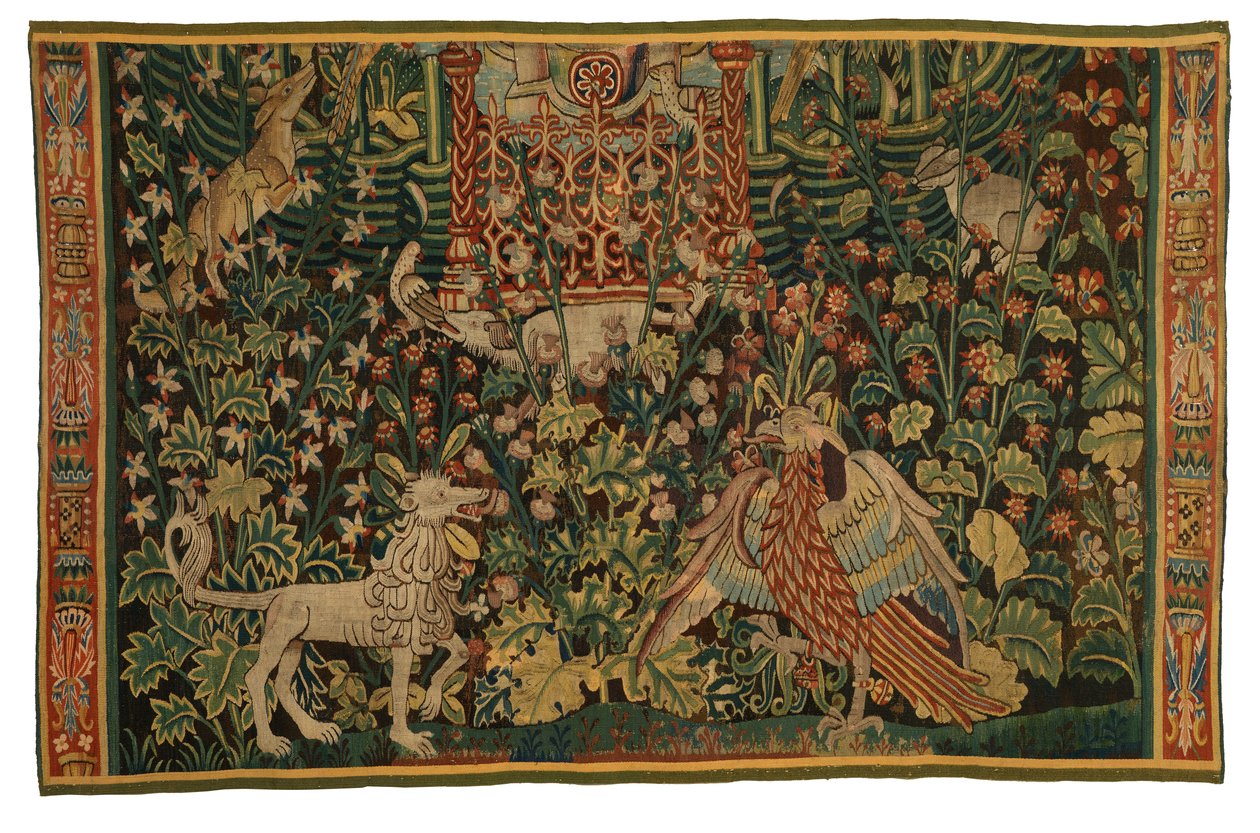 Tapeçaria, fragmento de Park au Cerfs, fabrico c.1500-25 (lã) de Flemish School