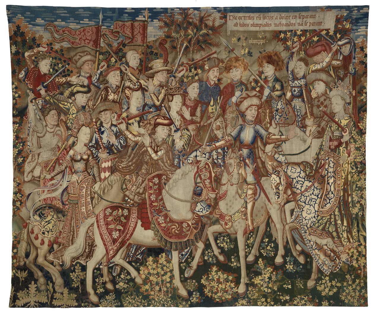 Tapeçaria com Hércules e os seus companheiros no Monte Olimpo, possivelmente fabricada em Tournai, c.1465-70 (lã e seda) de Flemish School