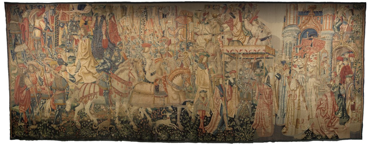 Tapeçaria mostrando as Conquistas do rei Alfonso V de Portugal (Conquistas de Alfonso V de Portugal), Tournai. Detalhe. (Lã e seda) de Flemish School