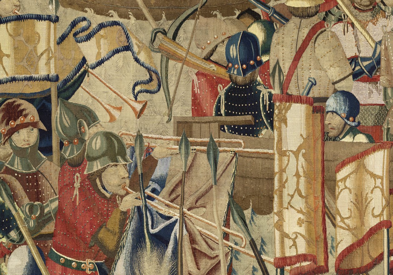 Tapeçaria mostrando as Conquistas do rei Alfonso V de Portugal (Conquistas de Alfonso V de Portugal), Tournai. Detalhe. (Lã e seda) de Flemish School