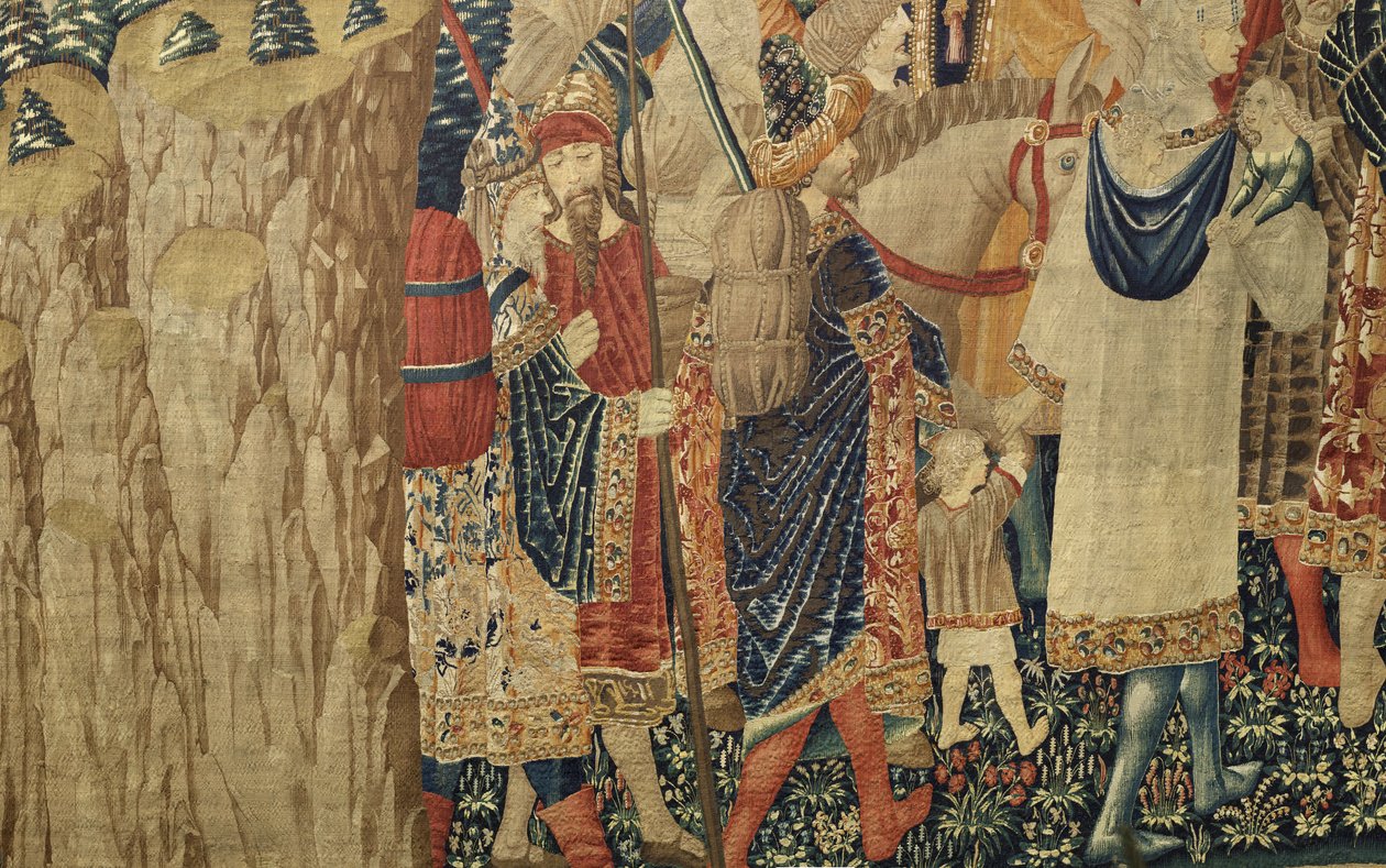 Tapeçaria mostrando as Conquistas do rei Alfonso V de Portugal (Conquistas de Alfonso V de Portugal), Tournai. Detalhe. (Lã e seda) de Flemish School