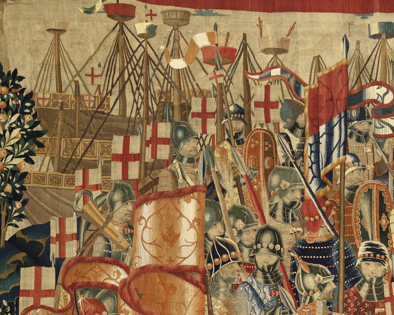 Tapeçaria mostrando as Conquistas do rei Alfonso V de Portugal (Conquistas de Alfonso V de Portugal), Tournai. Detalhe. (Lã e seda) de Flemish School