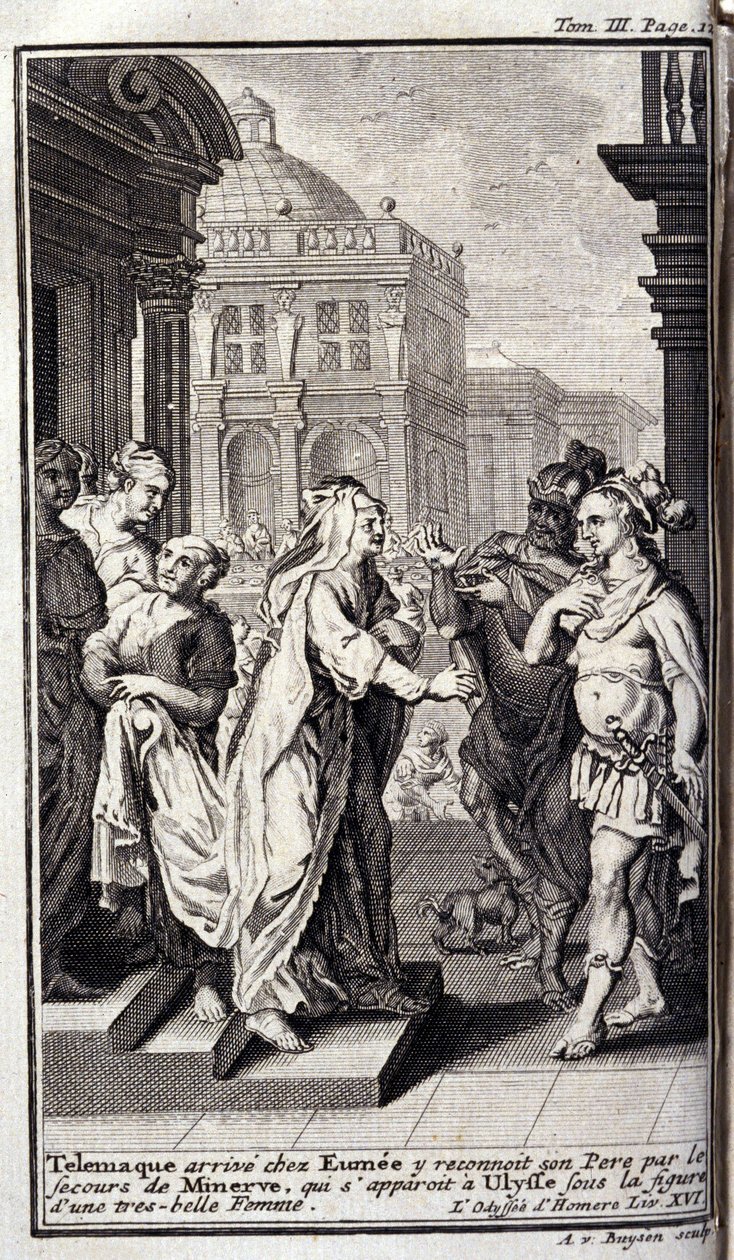 Telemaque chega à casa de Eumee, reconhece seu pai com a ajuda de Minerva, que aparece em Ulisses sob a figura de uma bela mulher. Ilustração para o livro XVI de l