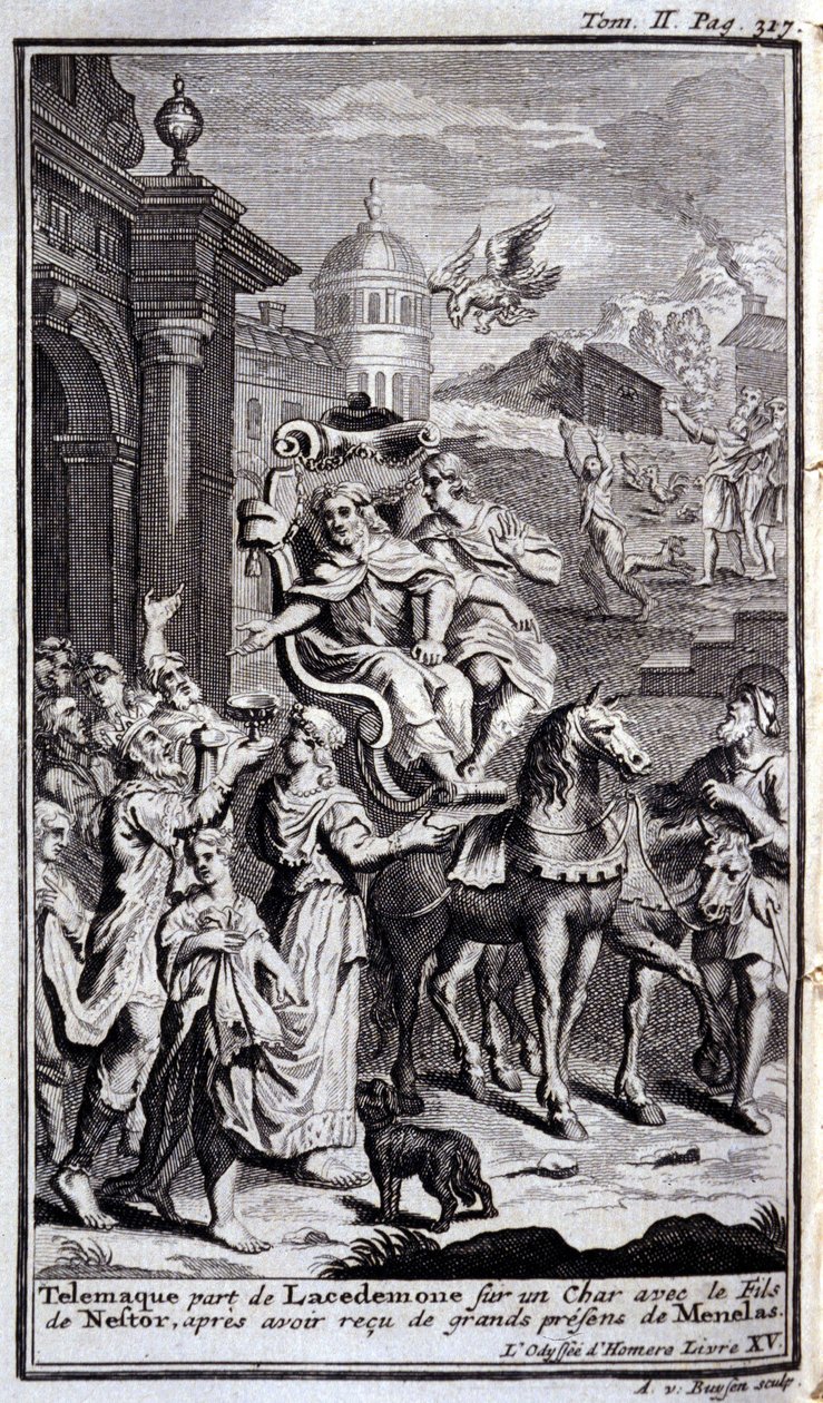 Telemaque deixa Lacedemone em um tanque com o filho de Nestor depois de receber grandes presentes de Menelas. Ilustração para o livro XV de l