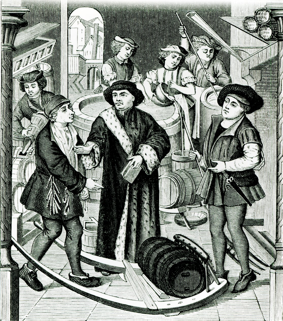 O bispo de Tournai recebe o dízimo da cerveja concedido pelo rei Chilperico, depois de uma janela da Catedral de Tournai de Flemish School