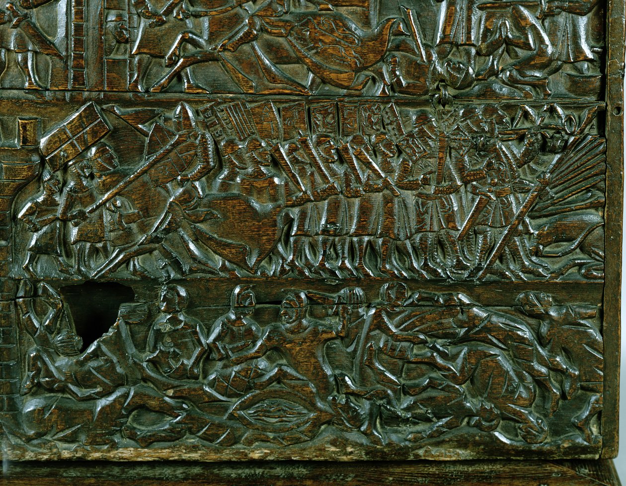 O Baú de Courtrai representando a linha de batalha flamenga durante a Batalha das Esporas Douradas, travada em Courtrai em 1302 (madeira) (detalhe) de Flemish School