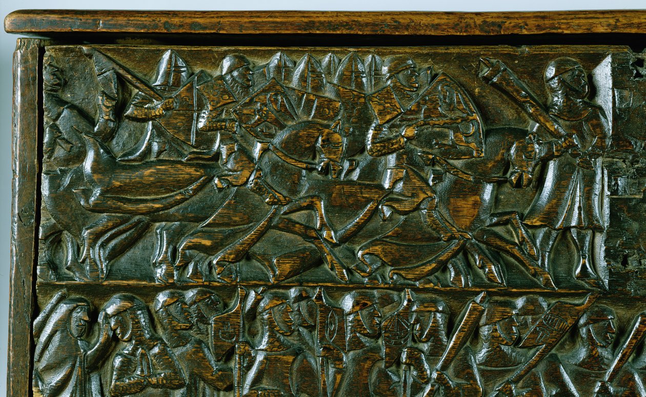 O Baú de Courtrai representando duas cenas da Batalha das Esporas Douradas disputada em Courtrai em 1302 (madeira) (detalhe) de Flemish School