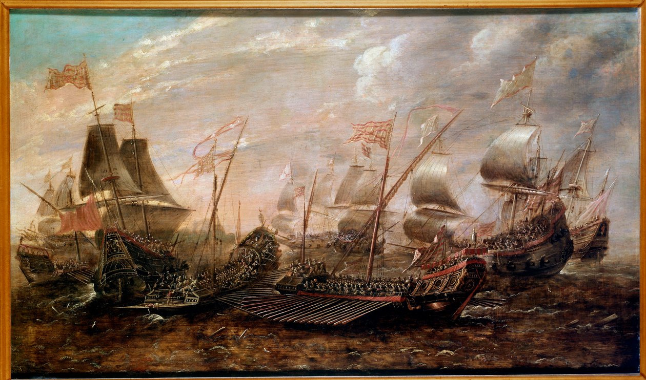 A batalha naval da Armada Invencível que assistiu à derrota da Armada espanhola contra a frota inglesa em agosto de 1588, na escola flamenga de Flemish School