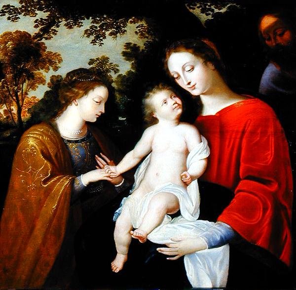 O Casamento Místico de Santa Catarina, c.1625-50 (óleo sobre painel) de Flemish School