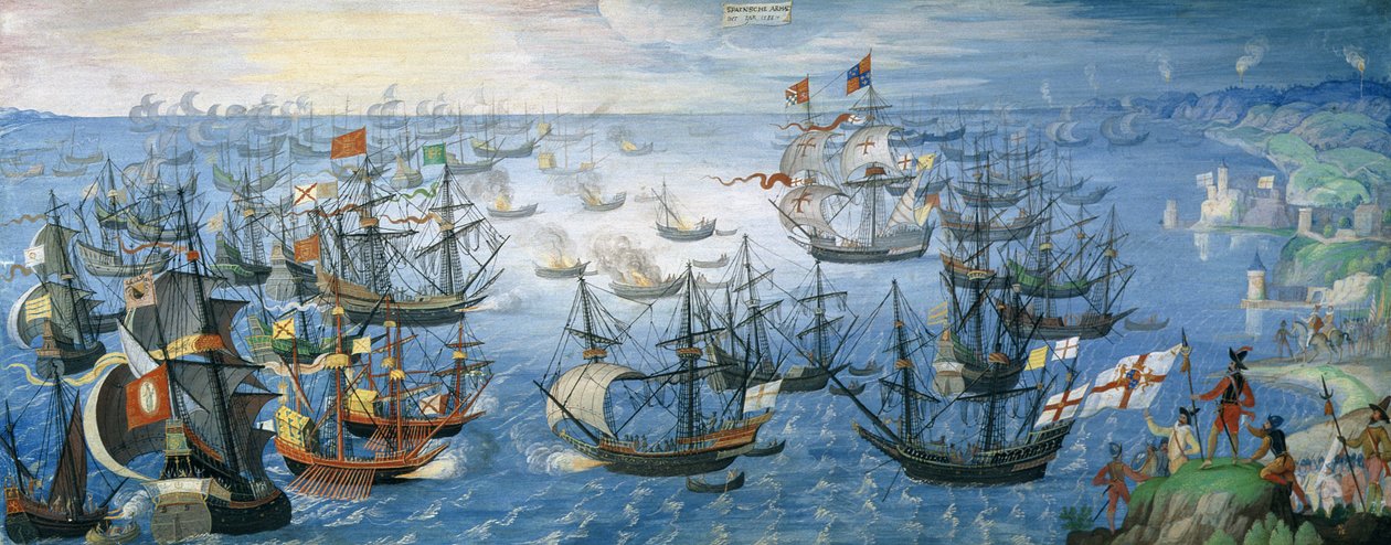 O lançamento de navios ingleses na frota espanhola ao largo de Calais com a Rainha Elizabeth I (1533-1603) a cavalo em terra, na noite de 7 de agosto de 1588, c.1605 (guache sobre velino aumentado com de Flemish School