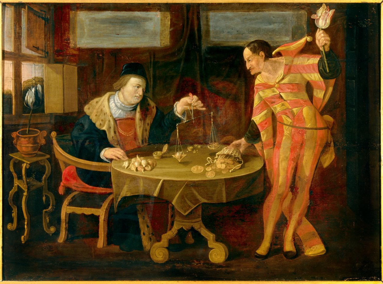 A venda de cebola tulipa Pintura da Escola Flamenga do século XVII. Sol 0,54x0,74 m Rennes, musee des Beaux Arts de Flemish School