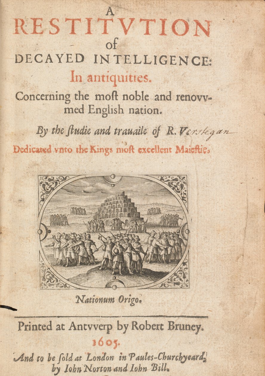 Página de título da restituição da inteligência decadente por Richard Verstegam, Antuérpia, 1605 de Flemish School