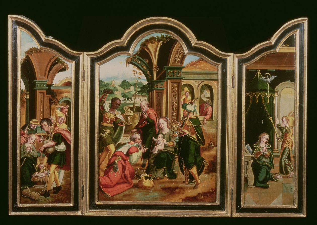 Tríptico: A Adoração dos Magos (painel central), Anunciação (painel LH), Adoração dos Pastores (painel RH) de Flemish School