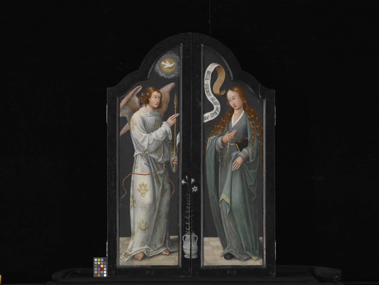 Tríptico com a Virgem e a Criança, Santa Bárbara, e Santa Catarina (óleo sobre madeira) de Flemish School