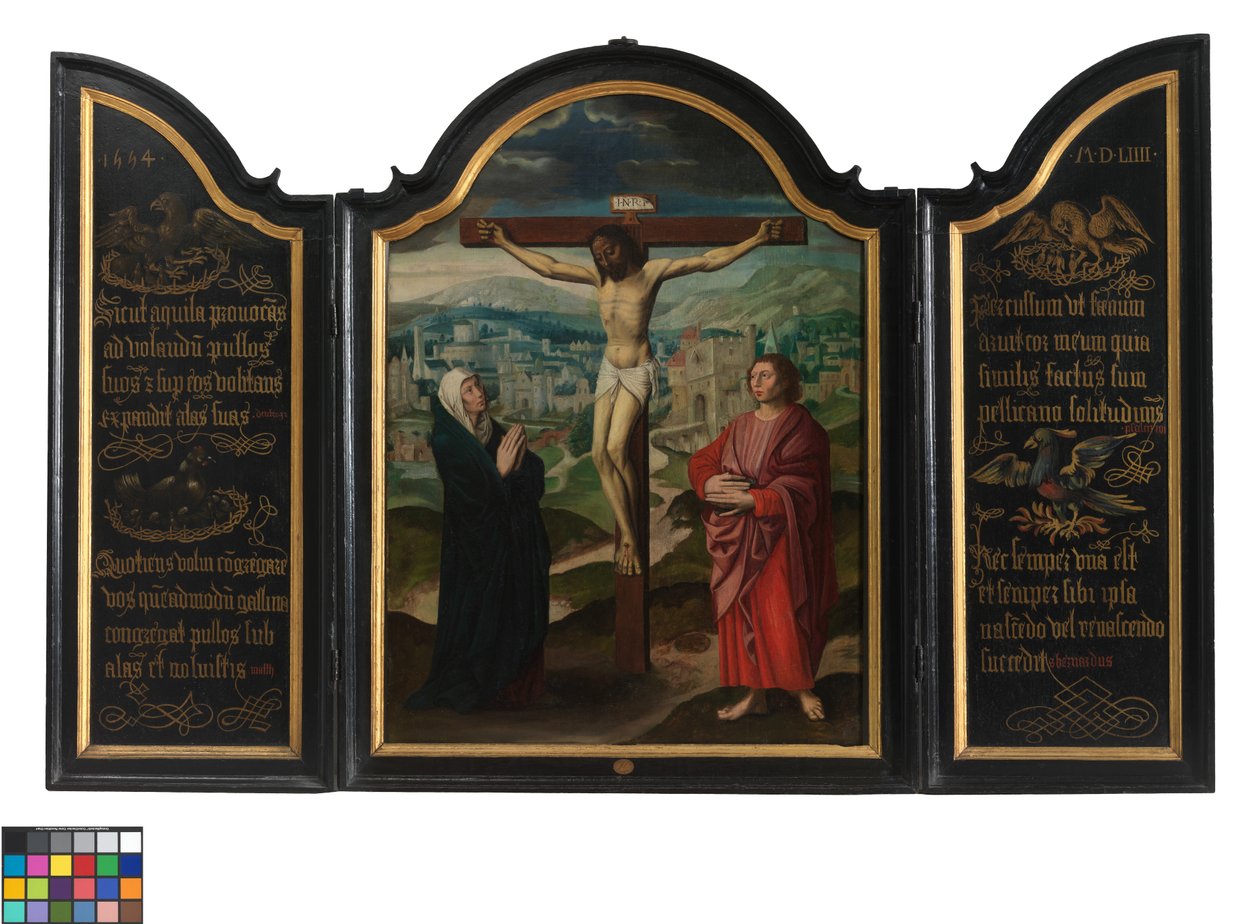 Tríptico com Crucificação e Textos (óleo sobre painel) de Flemish School
