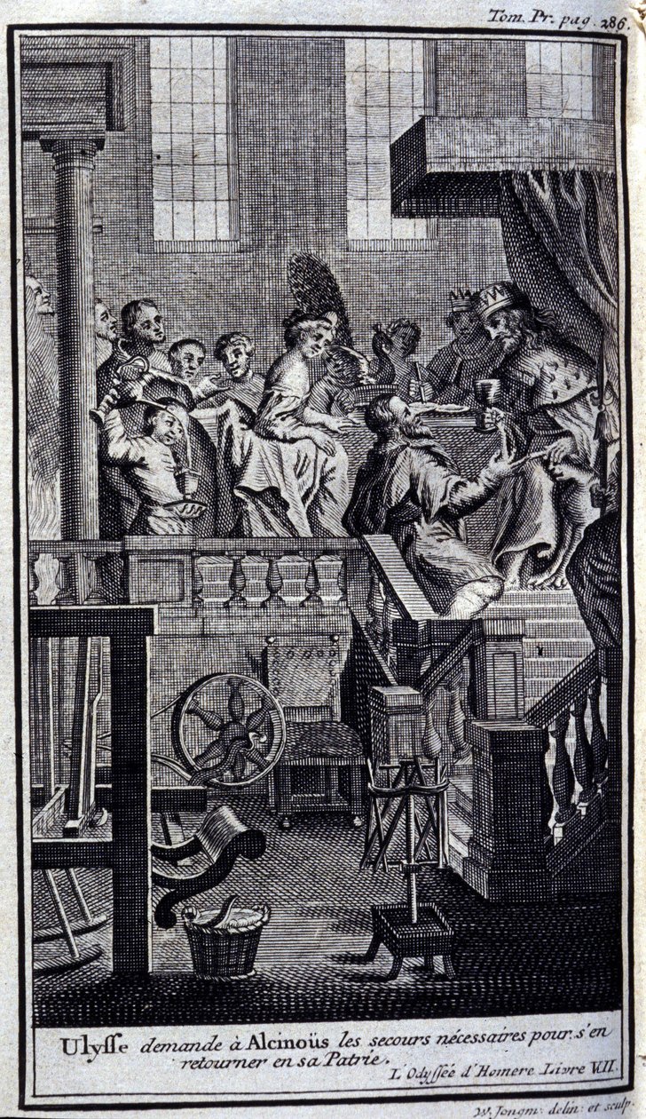 Ullysse pede a Alcinous (Alcinoos) a ajuda necessária para regressar à sua pátria. Ilustração para o livro VII da Odisseia de Homero, na Odisseia, publicado em Amsterdã em 1731, Coleção privee Milan. de Flemish School
