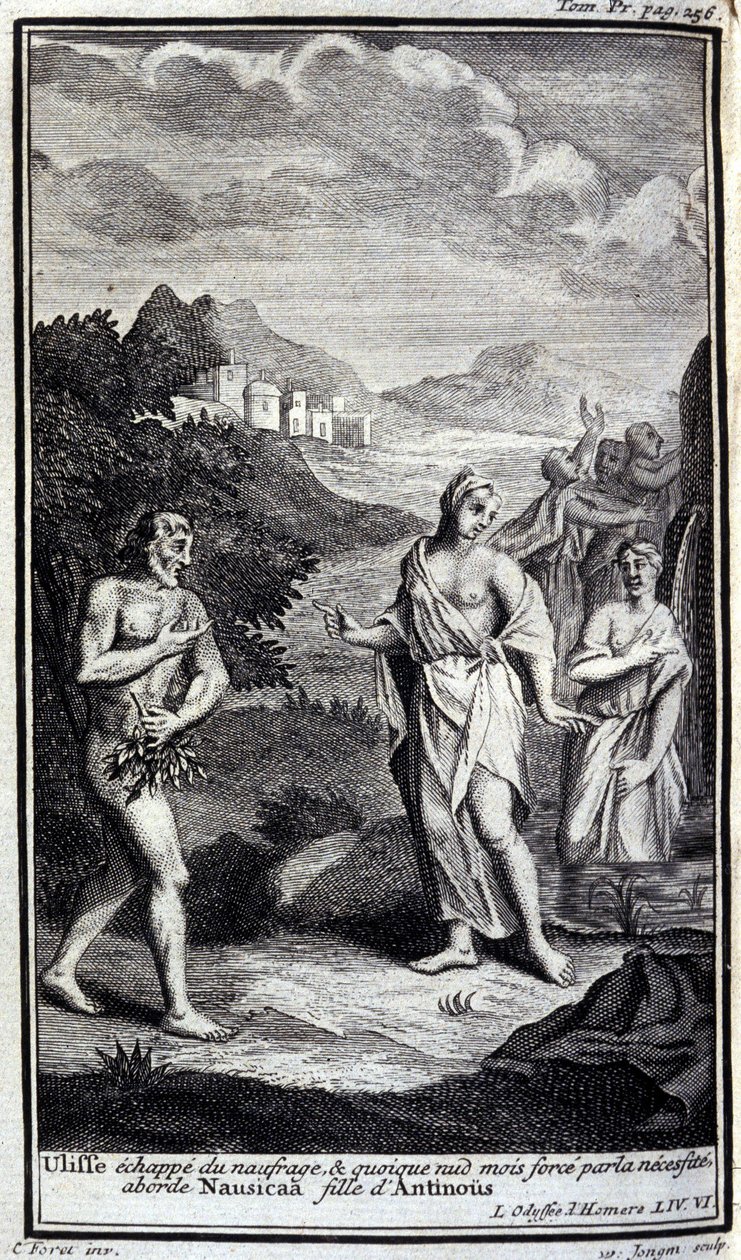 Ulisses escapa do naufrágio, e embora nua mas à força por necessidade aproxima-se de Nausicaa, filha de Antinous (Antinoos). Ilustração do livro VI da Odisseia de Homero, na Odisseia, publicado em Amesterdão em 1731, Milão. de Flemish School