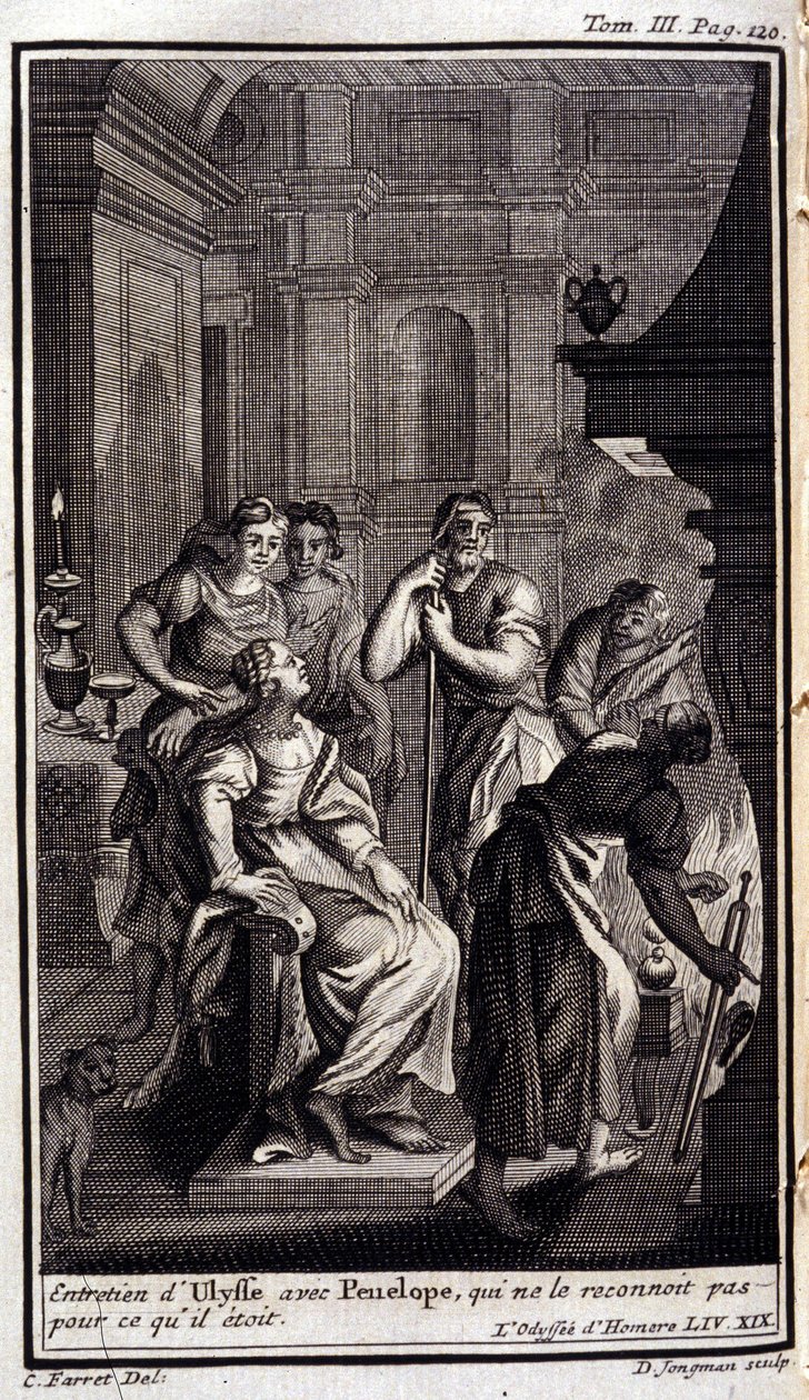 Entrevista de Ulisses com Penélope, que não o reconhece pelo que foi. Lilustração para o livro XIX da Odisseia de Homero, na Odisseia, publicada em Amsterdã em 1731, Coleção privee Milan. de Flemish School