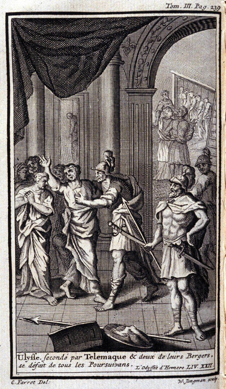 Ulysses, segundo da Telemaque, e dois dos seus pastores desmantelaram todos os perseguidores. Lustração do XXII livro da Odisseia de Homero, na Odisseia, publicado em Amesterdão em 1731, Coleção privee Milan. de Flemish School
