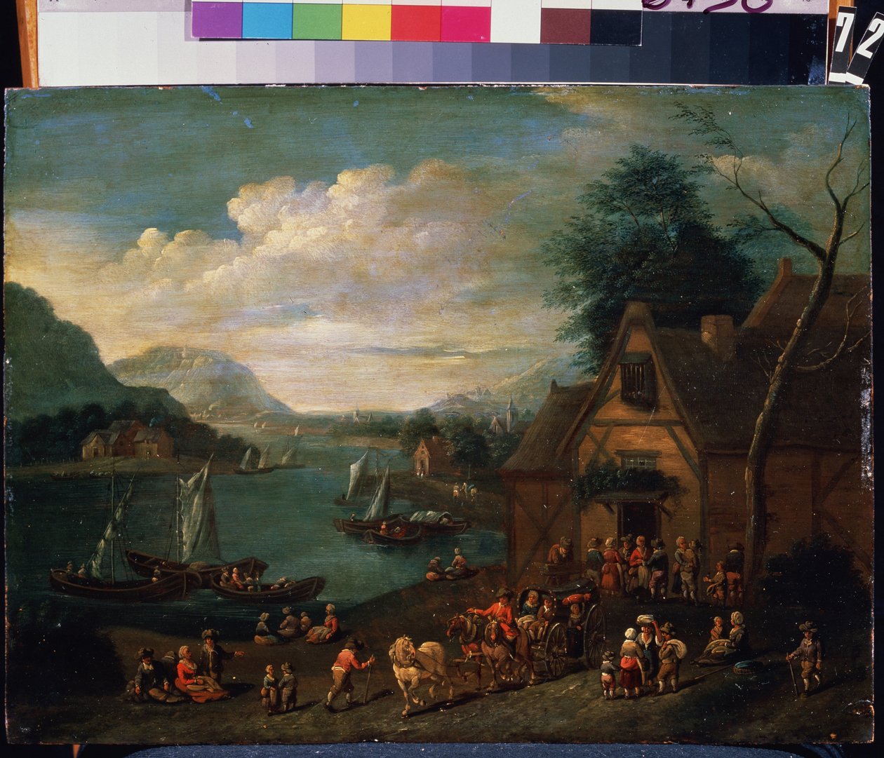 Uma taverna à beira-mar. Pintura por um mestre flamengo, óleo sobre madeira, 30 x 35 cm. Escola flamenga do século XVI-XVIII. Museu Estatal Arkhangelskoye Estate, Moscovo. de Flemish School