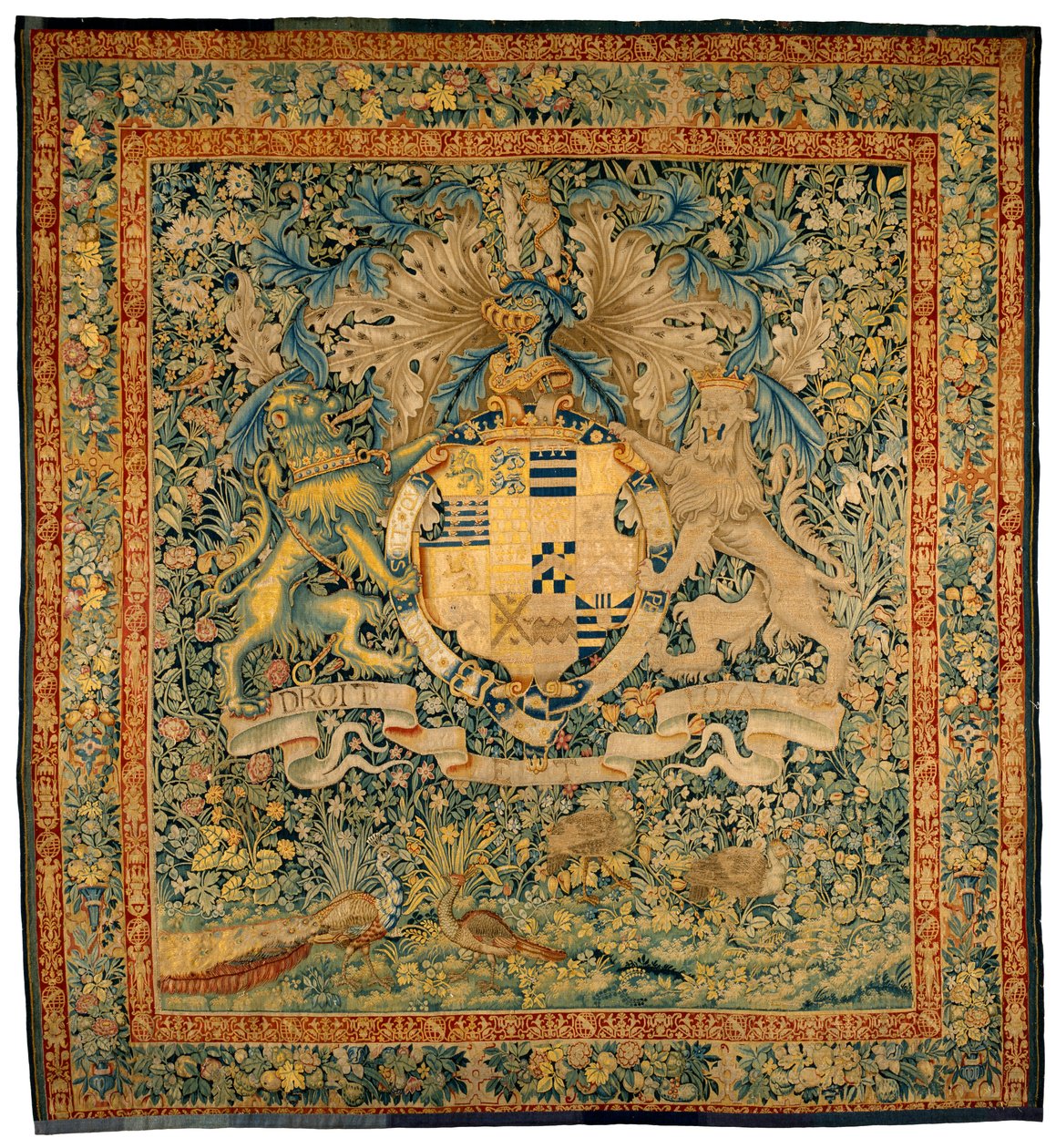 Tapeçaria de verdura com as armas de Robert Dudley, conde de Leicester, cerca de 1570-1585 (lã, seda) de Flemish School
