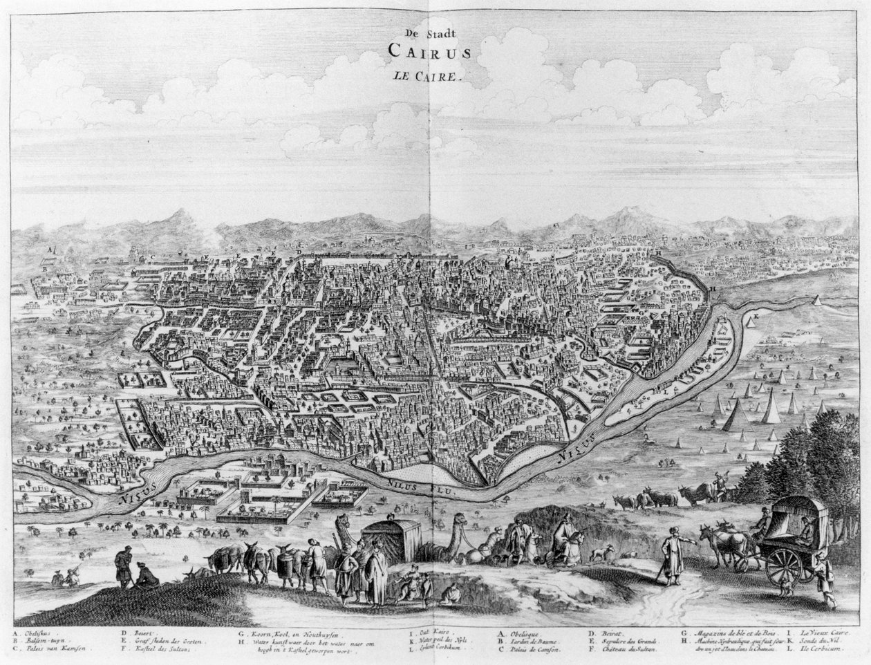 Vista do Cairo a partir da margem oeste do Nilo, a partir de Description de lAfrique por O. Dapper, traduzido do flamengo, publicado em 1686 de Flemish School