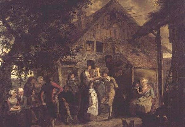 Aldeões Merrymaking fora de uma casa de campo de Flemish School