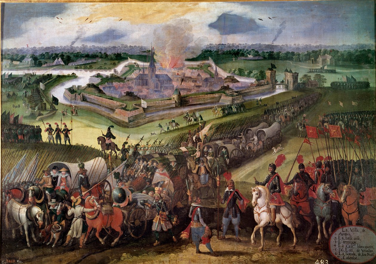 Guerra contra a Holanda: "Vista da cidade de Ardres": O Arquiduque Albert da Áustria apreendeu a cidade em 1596. Pintura da Escola Flamenga do século XVII. Real Monasterio de El Escorial, El Escorial, Espanha - Guerra contra os Países Baixos: Vista de de Flemish School