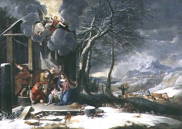 Paisagem de Inverno com Natividade (óleo sobre tela) de Flemish School