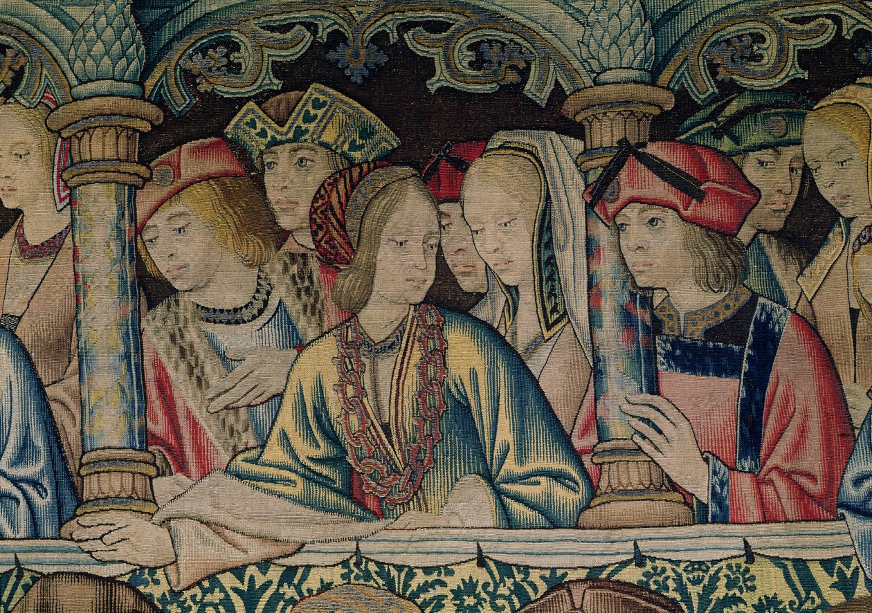 Mulheres na corte de Davi, detalhes da tapeçaria de Davi e Bate-Seba, c.1510-15 de Flemish School