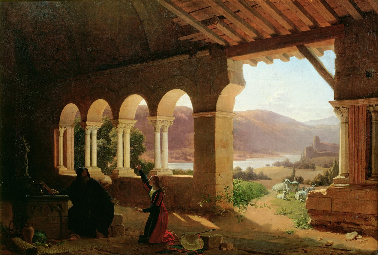 Joana d&39;Arc (1412-31) Consultoria com o Eremita, sobre a Missão que ela tem que realizar, no Hermitage of Vaucouleurs, 1819 de Fleury François Richard