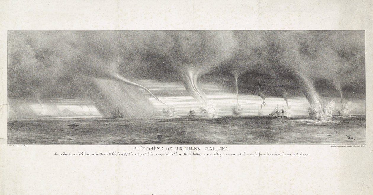 Waterhozen op zee bij Sicilië, 1827
Fenómeno das manchas de água, observado no Mar Siciliano, em vista de Stromboli, em 27 de Junho de 1827 (título sobre o objecto) de Félix Achille Beaupoil Saint Aulaire