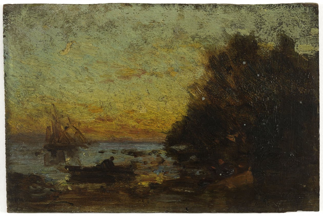Barco e veleiros, pôr do sol. No verso: Marinha, entre 1850 e 1860 (óleo sobre madeira) de Félix Ziem