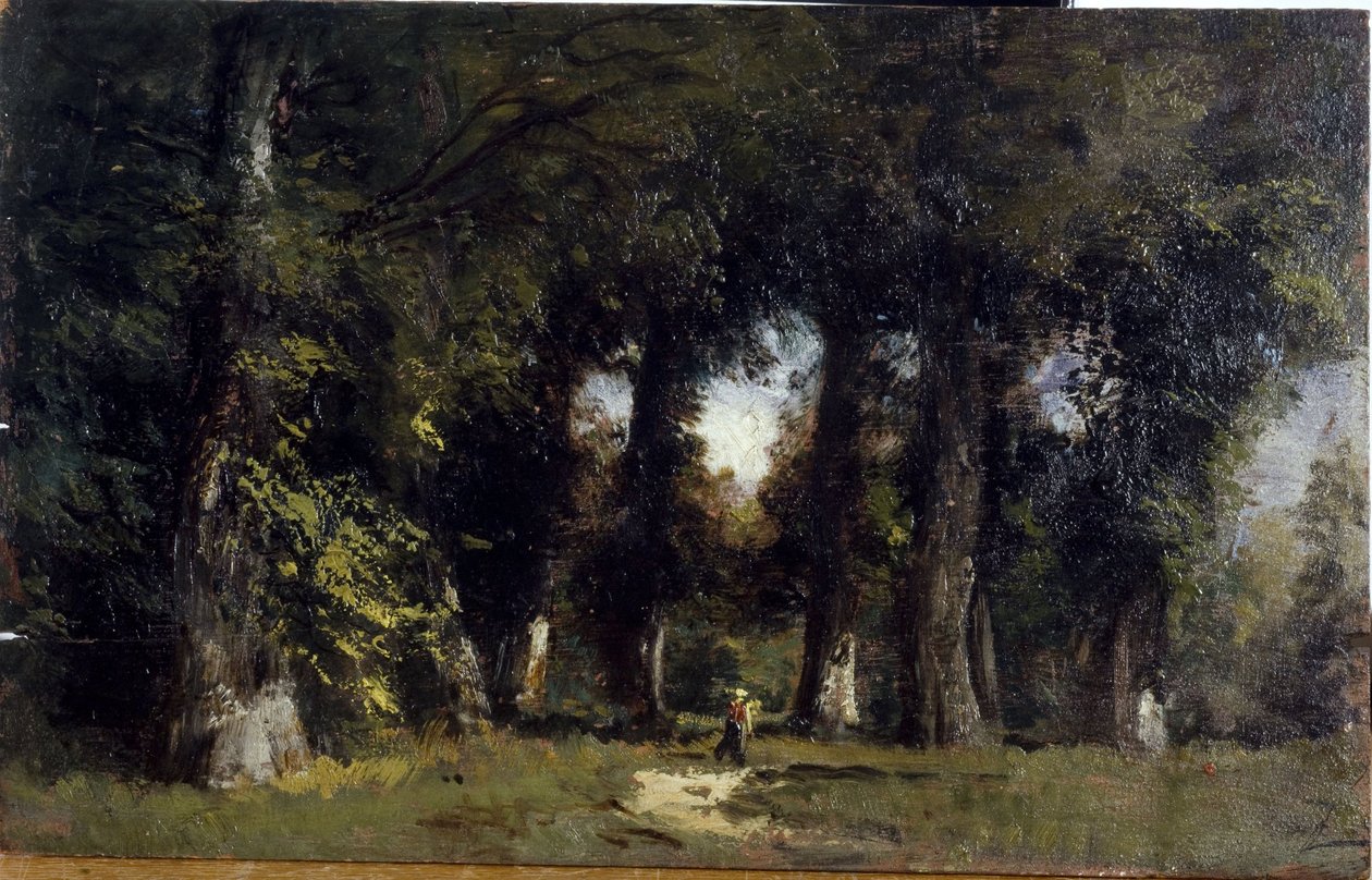 Borda de floresta (frente), paisagem animada (verso), entre 1850 e 1860 (óleo sobre madeira) de Félix Ziem
