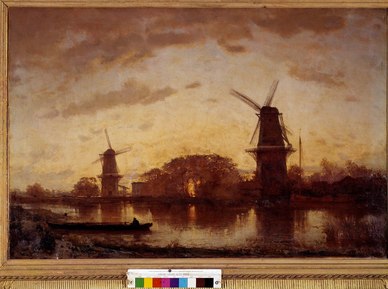As margens da paisagem do rio Amstel com moinhos na Holanda. Pintura de Felix Ziem (1821-1911). 1852. Sol 1,01 X 1,50 m. Bordeaux, Museu de Belas Artes de Félix Ziem