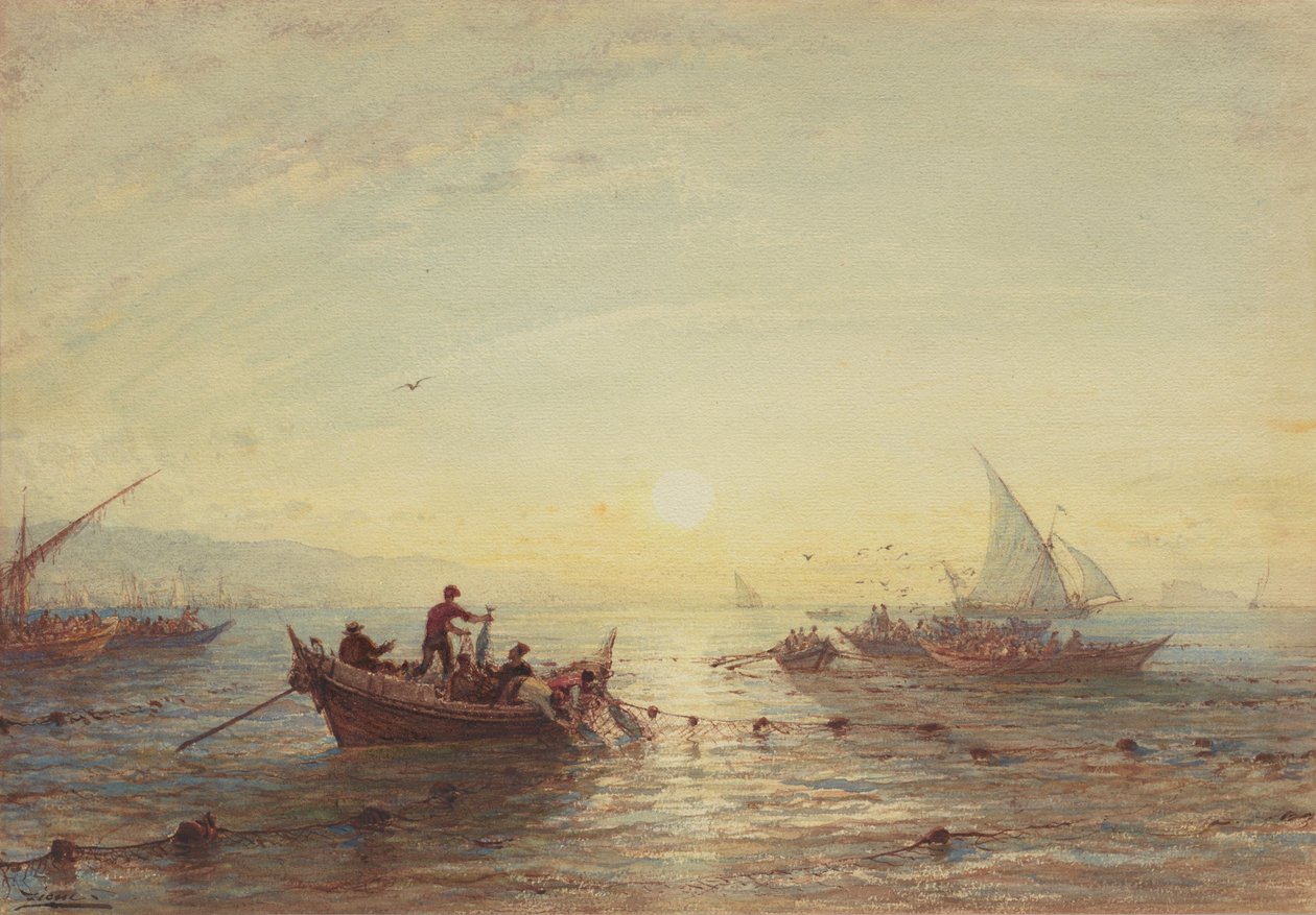 Pesca de atum ao nascer do sol ao largo da costa perto de Marselha de Félix Ziem