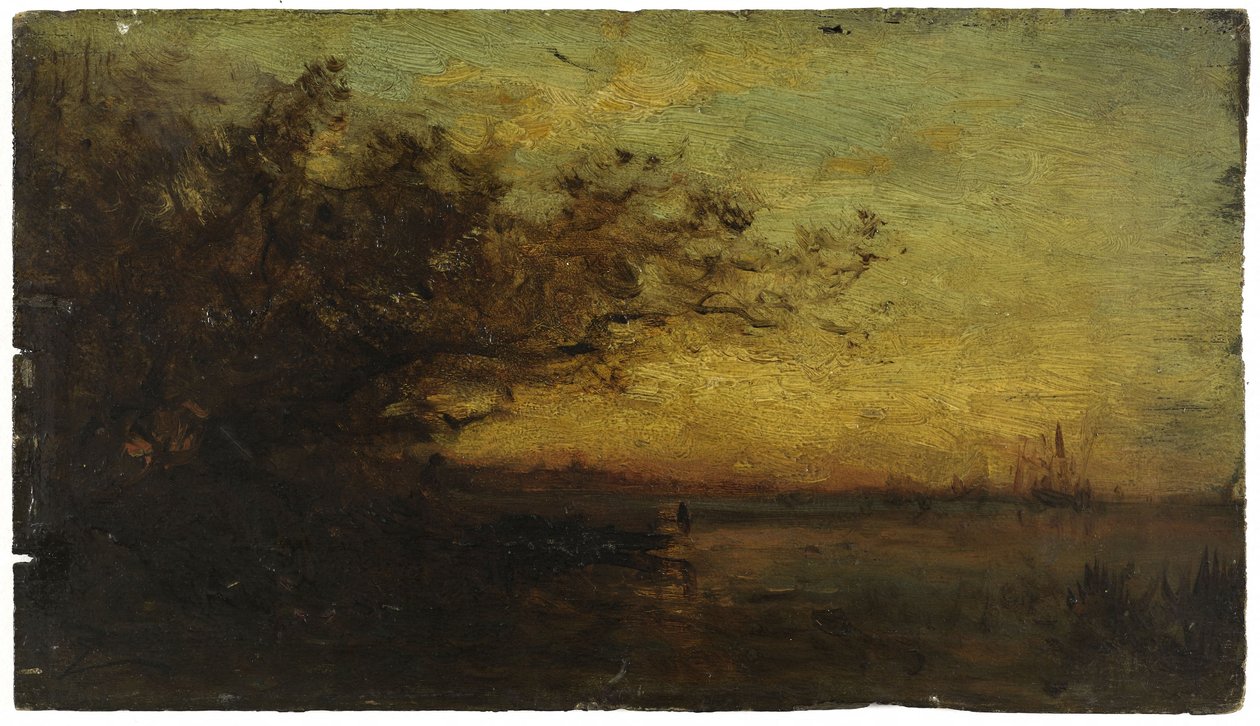 Água, sol poente. No verso: Dois estudos, entre 1850 e 1860 (óleo sobre madeira) de Félix Ziem