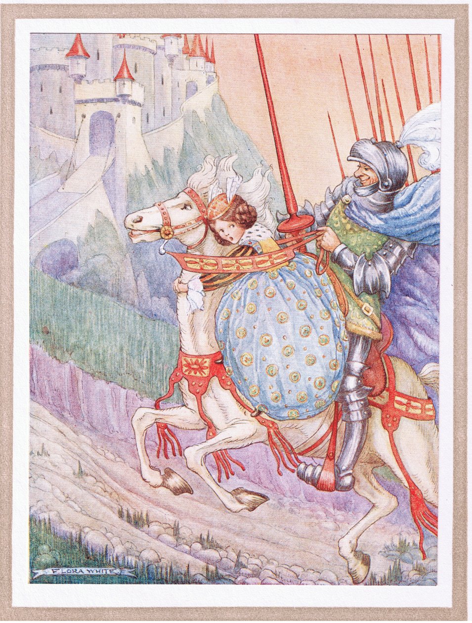 O capitão partiu a galope para um castelo no cimo da colina (litografia a cores) de Flora White