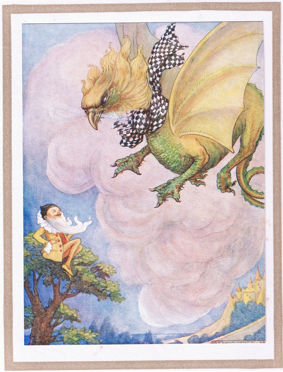 O grifo viu um homenzinho amarelo sentado no cimo de uma árvore (litografia a cores) de Flora White