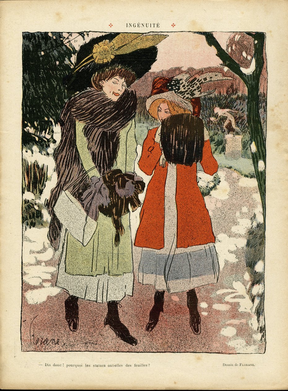 Ilustração de Florane (1872-1940) em Le Rire, 22/01/10 - Ingenuite - Moda, Chapéu, Jardim Público de Florane Florane