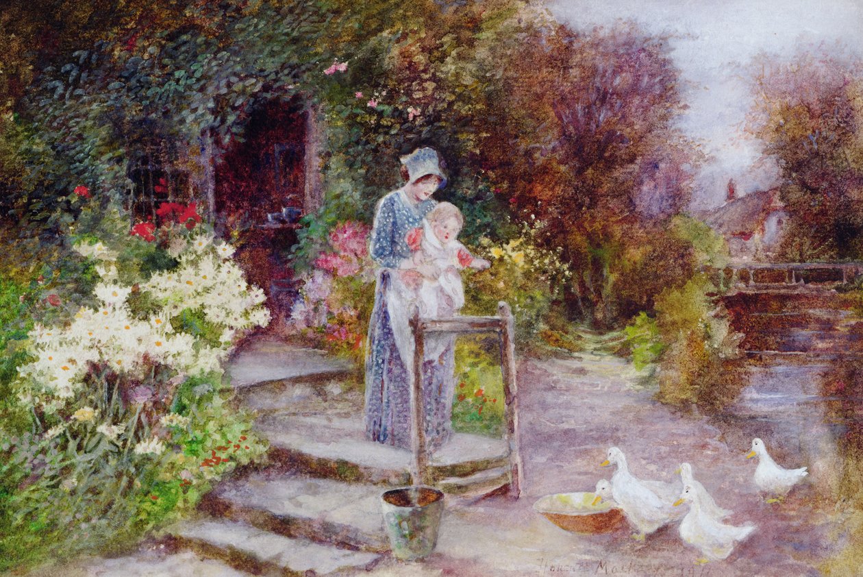 Mulher e criança em um jardim da casa de Florence Agnes Mackay