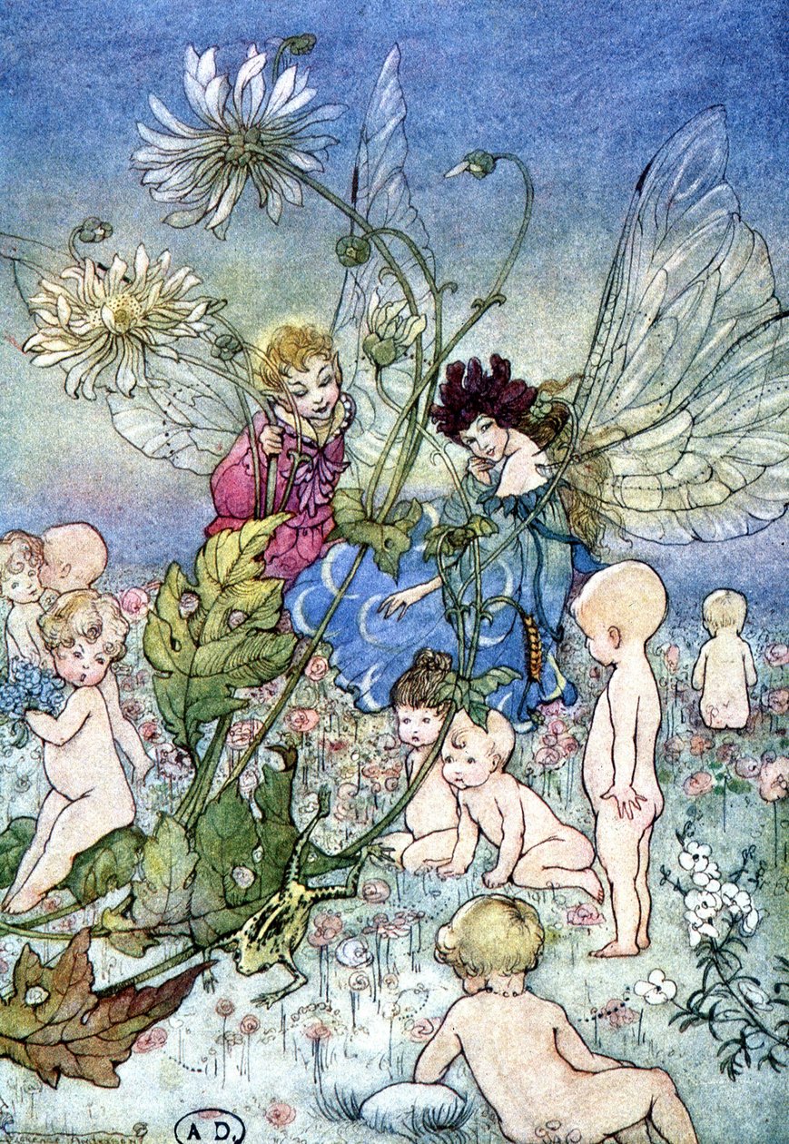Mulher libélula (fada) e elfo rodeado de bebês - em "My Fairyland", de Fiona Malcom, doente. Florence Anderson de Florence Anderson