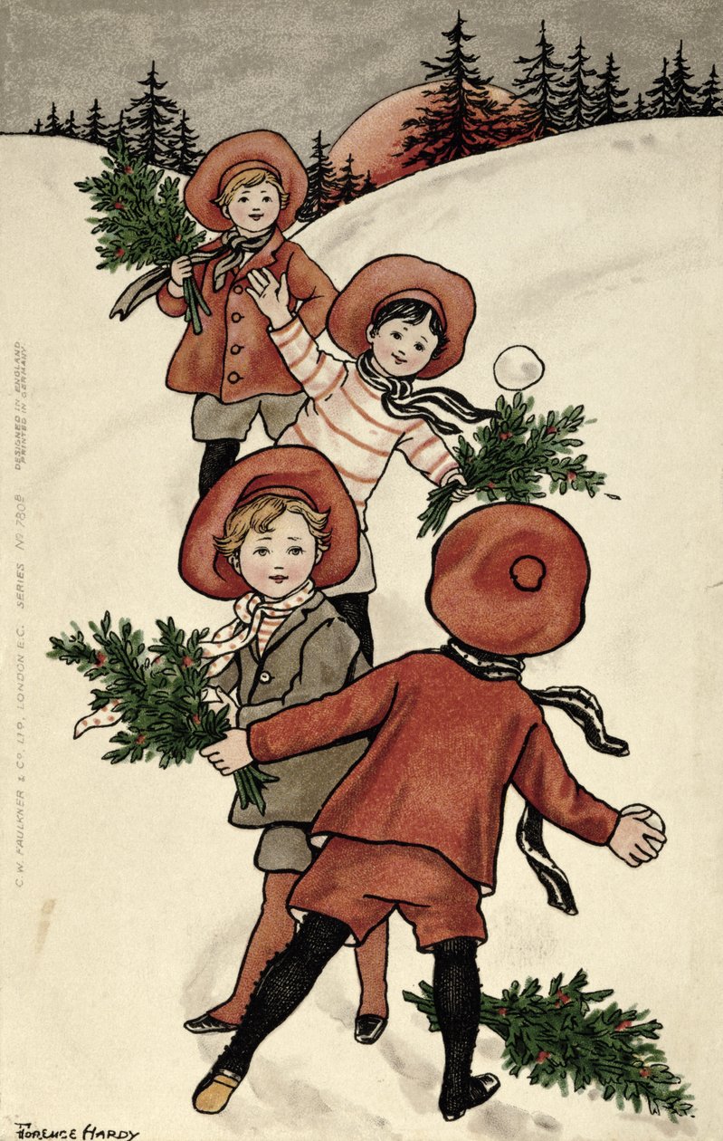 Crianças com Holly Throwing Snowballs (cor lito) de Florence Hardy