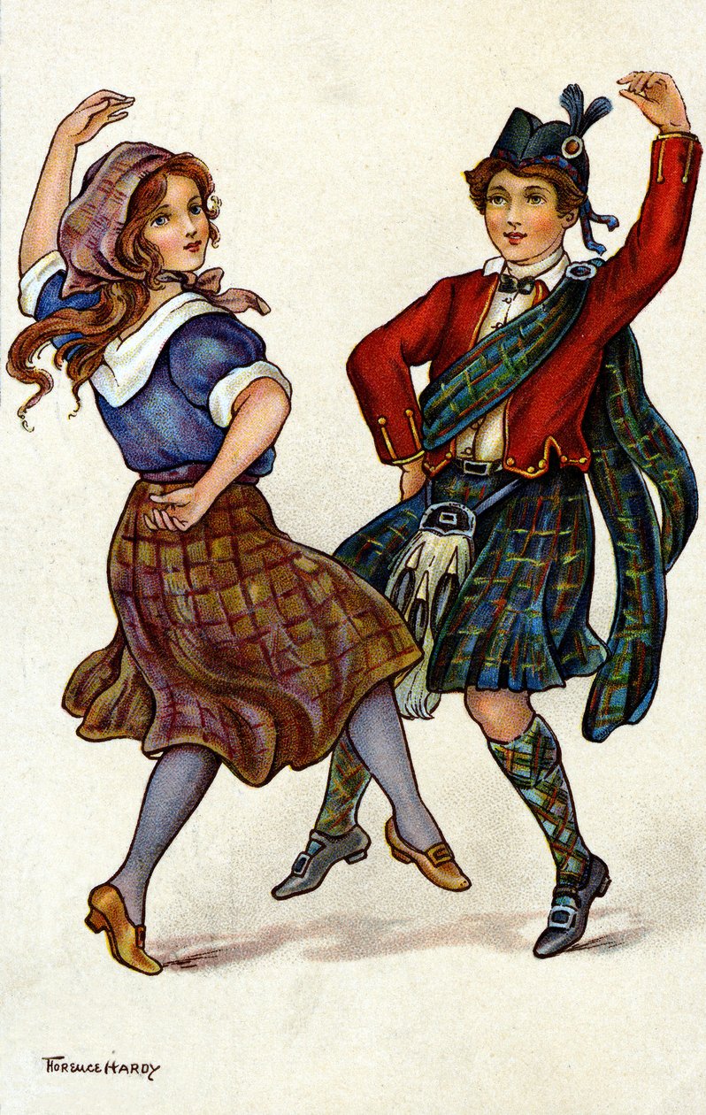 Um casal a dançar com um traje escocês tradicional. Cromolitografia de Florence Hardy de Florence Hardy