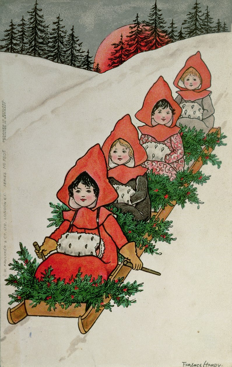 Quatro meninas em um pequeno trenó (litografia de cor) de Florence Hardy