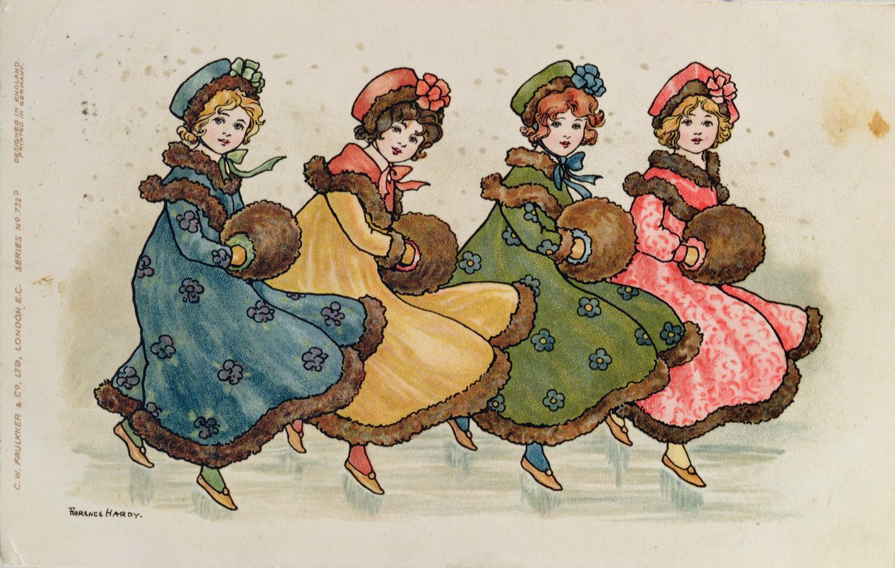 Quatro, meninas jovens, com, muffs de Florence Hardy