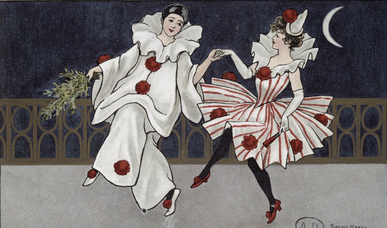 Postal retratando Pierrot e seu companheiro, c.1900 de Florence Hardy