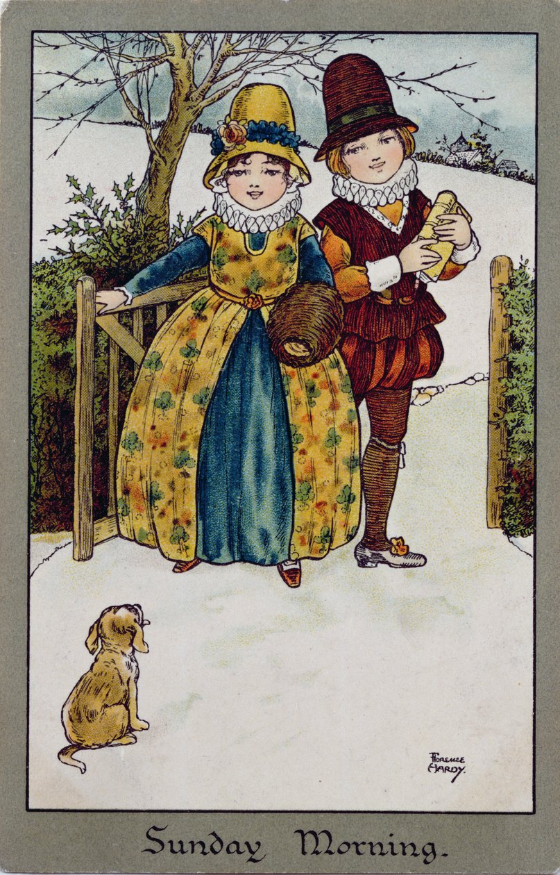 Domingo de manhã, cartão vitoriano (litografia colorida) de Florence Hardy