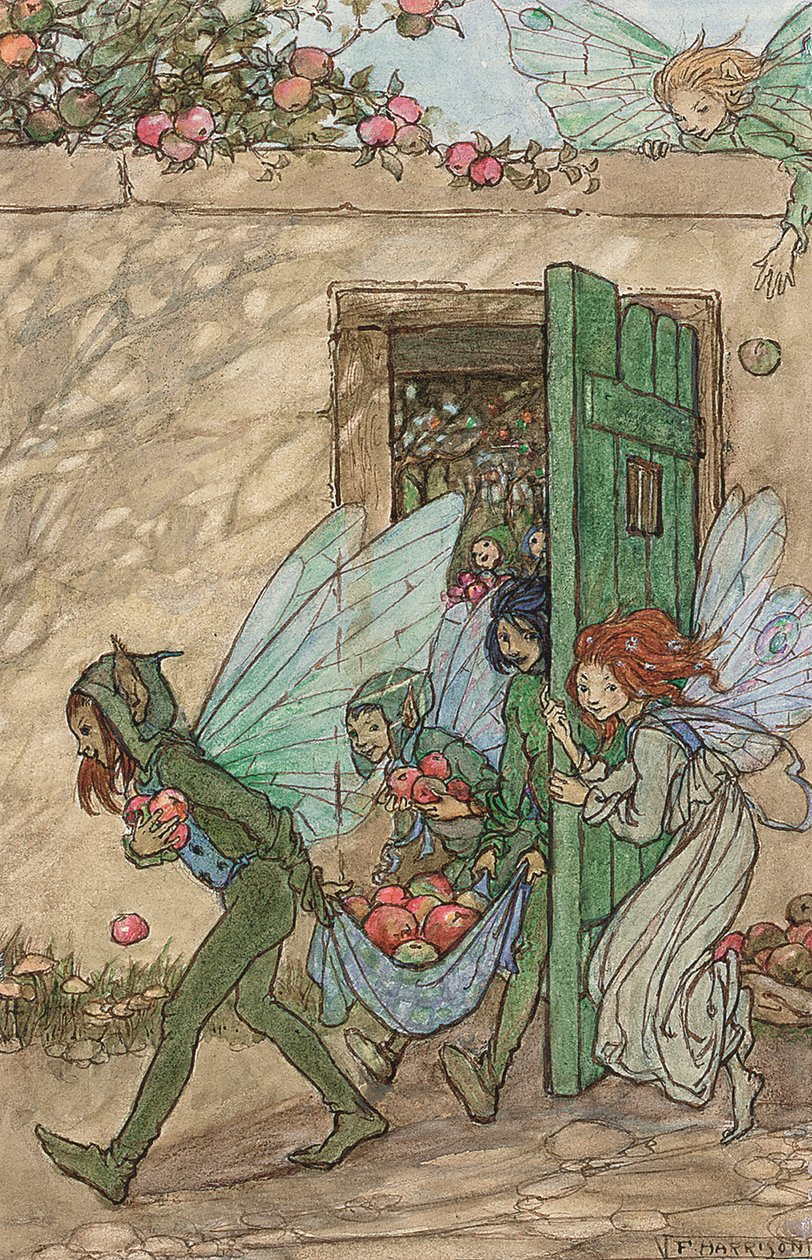 Uma ilustração para "Elfin Song" (lápis, tinta castanha e aguarela) de Florence Harrison